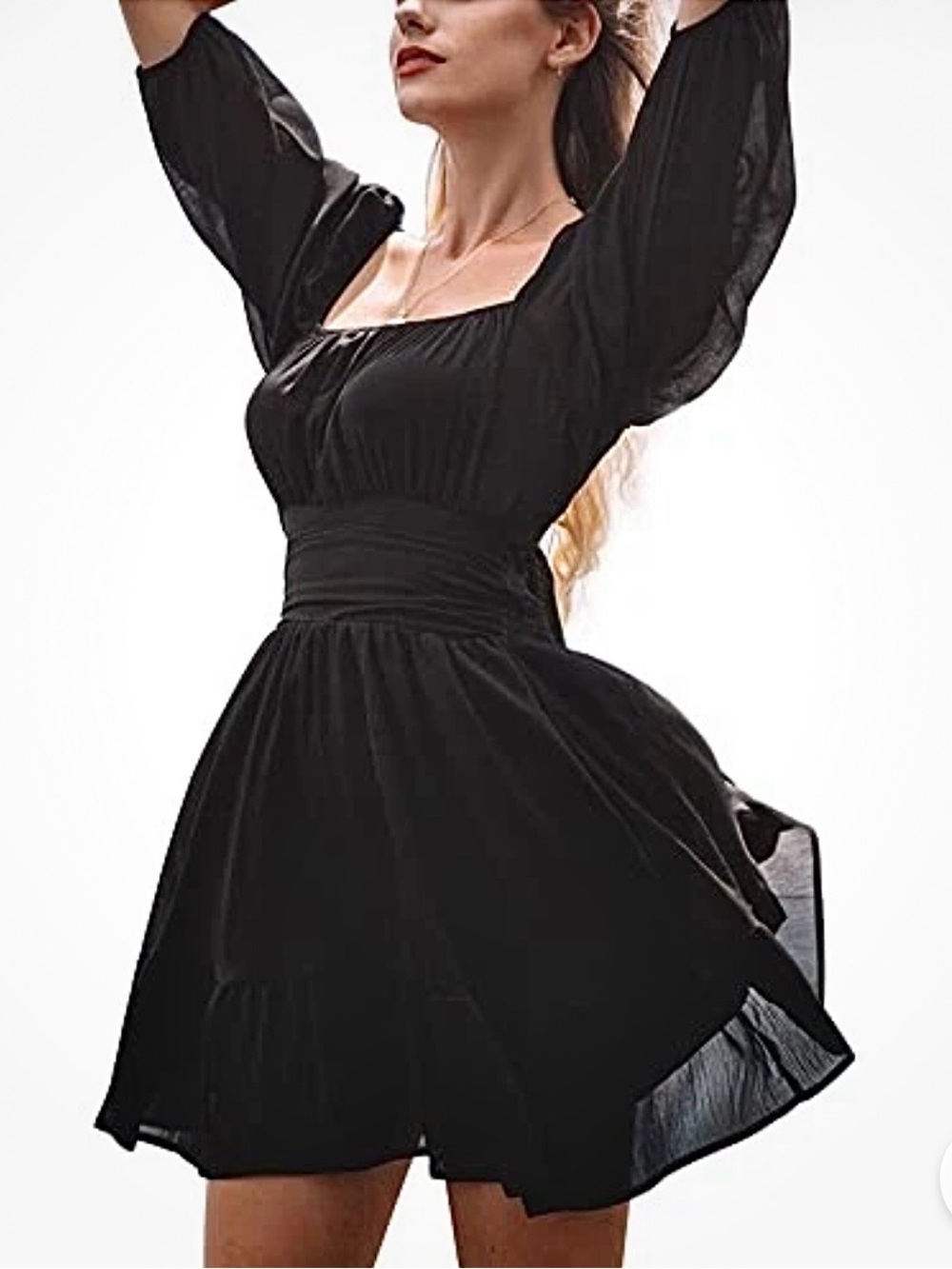 Exlura Womens Lantern Sleeve Tie Back Ruffled Off Shoulder A-Line Dress Black XL